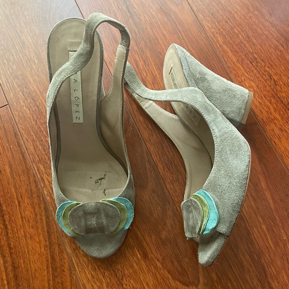 Pura Lopez Gray Blue Bow Suede Cone Heels Size 37.5